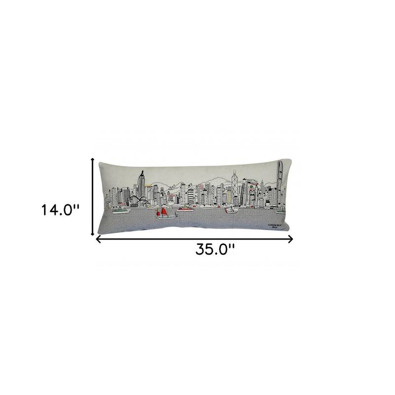35" White Hong Kong Daylight Skyline Lumbar Decorative Pillow Bed